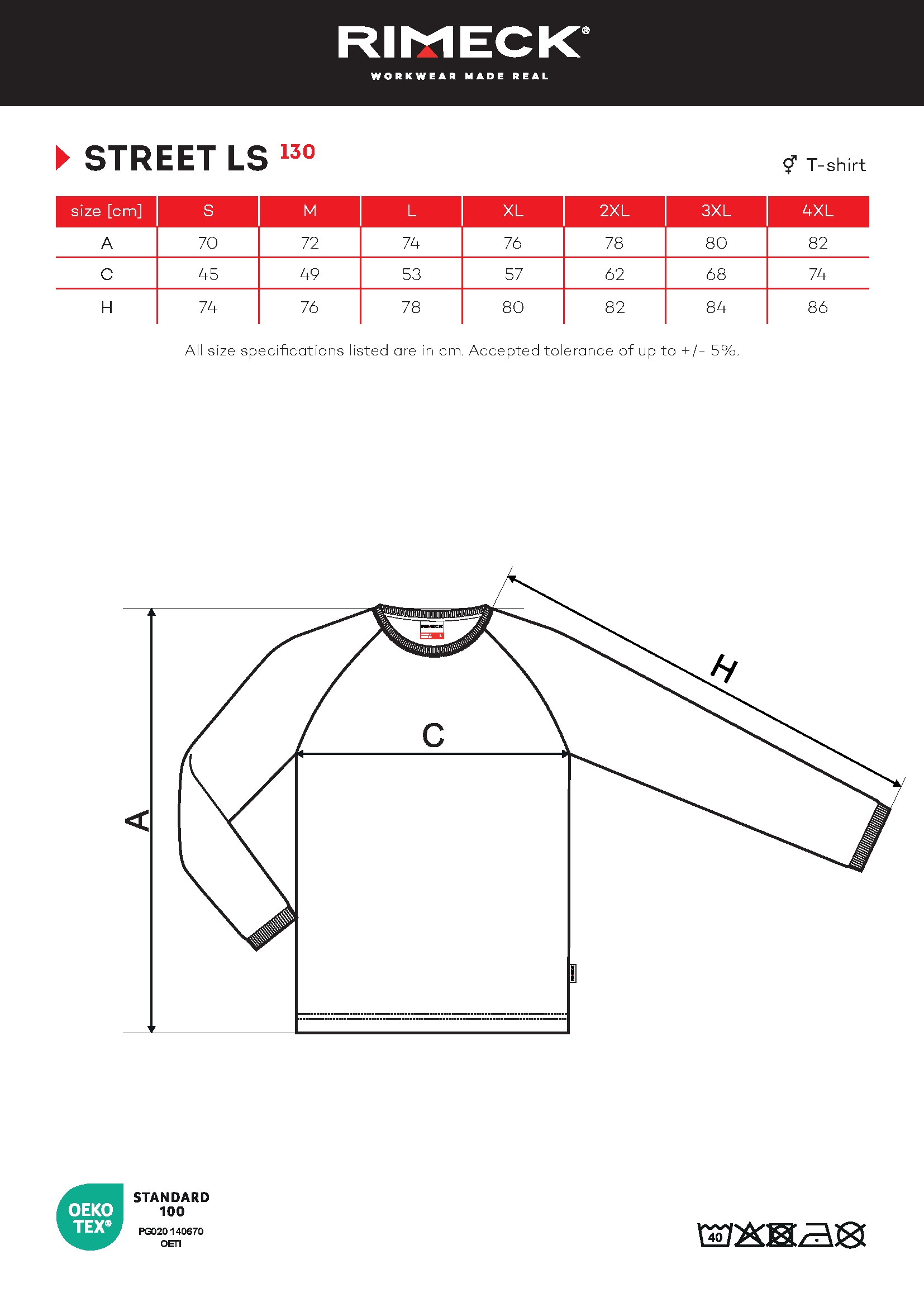 Tabulka velikostí produktu Triko unisex Street LS 130 bílá
