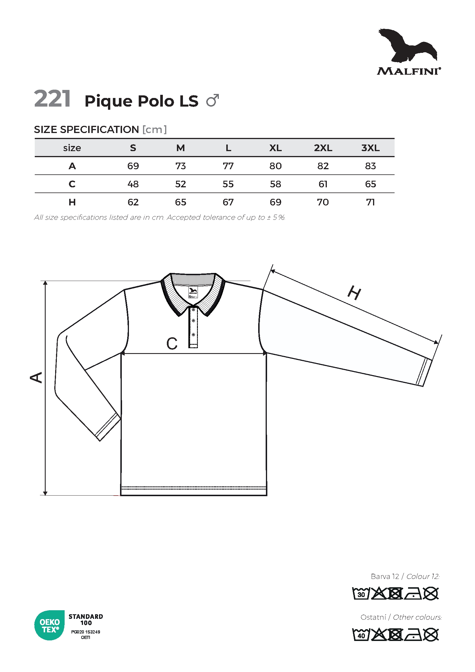 Tabulka velikostí produktu Polokošile pánská Pique Polo LS 221 bílá