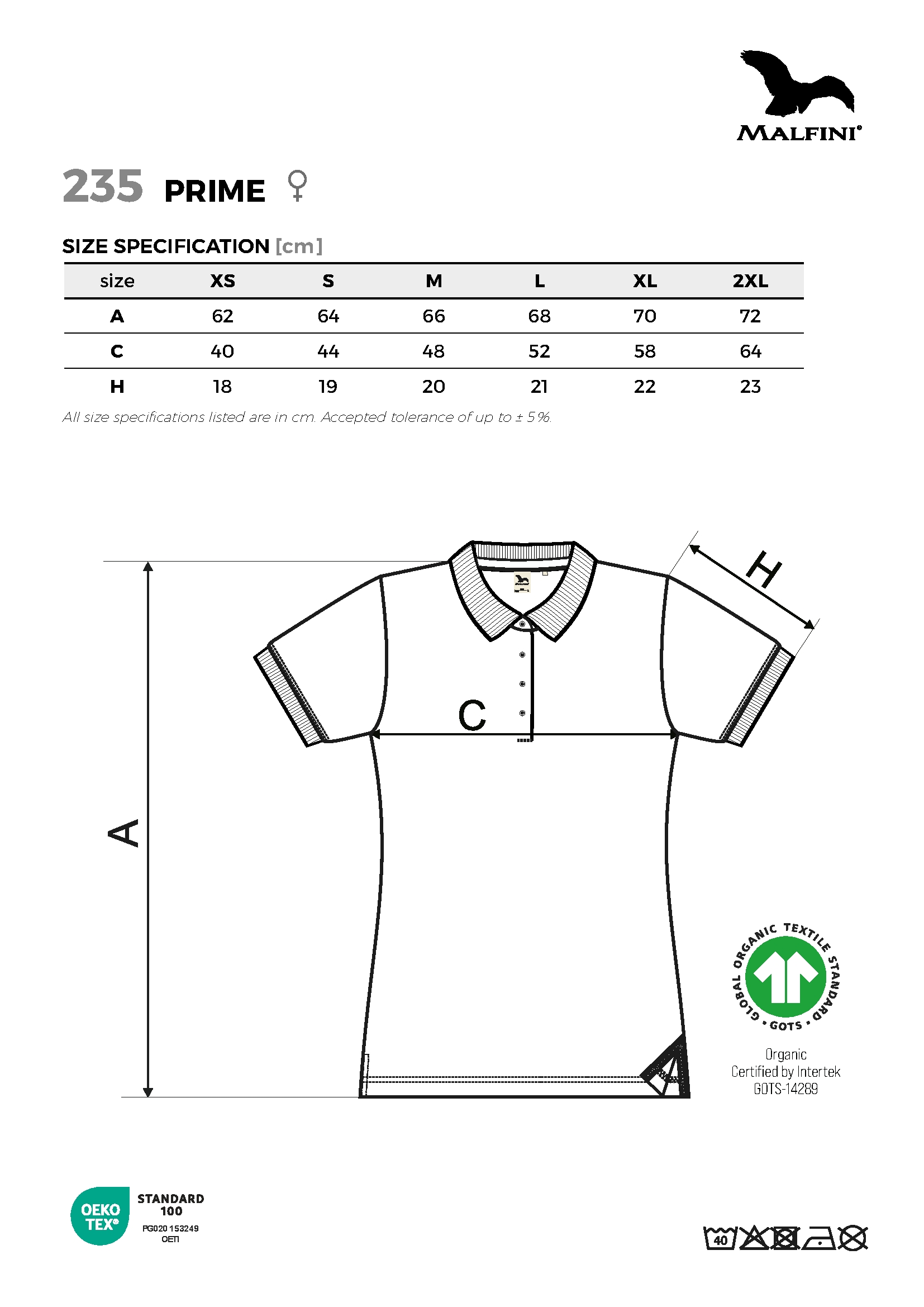 Tabulka velikostí produktu Polokošile dámská Prime (GOTS) 235 černá