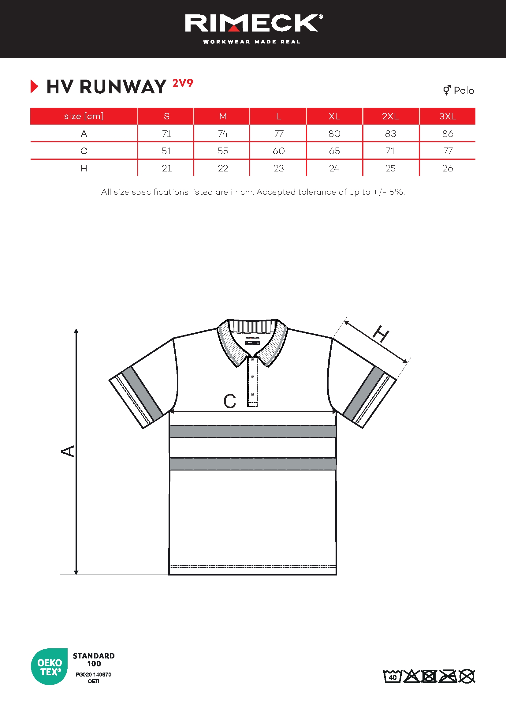 Tabulka velikostí produktu Polokošile unisex HV Runway 2V9 fluorescenční žlutá