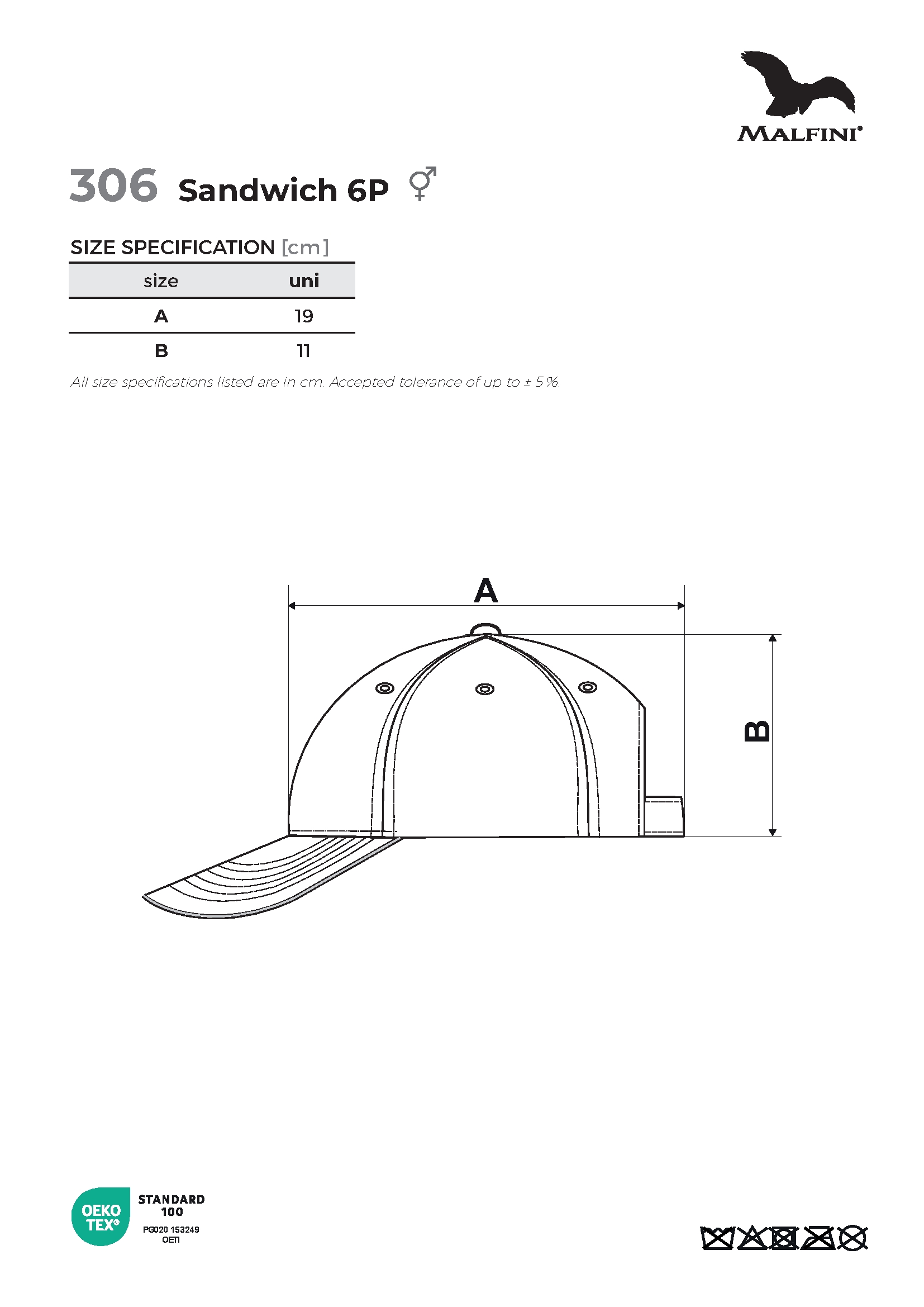 Tabulka velikostí produktu Čepice unisex Sandwich 6P 306 bílá