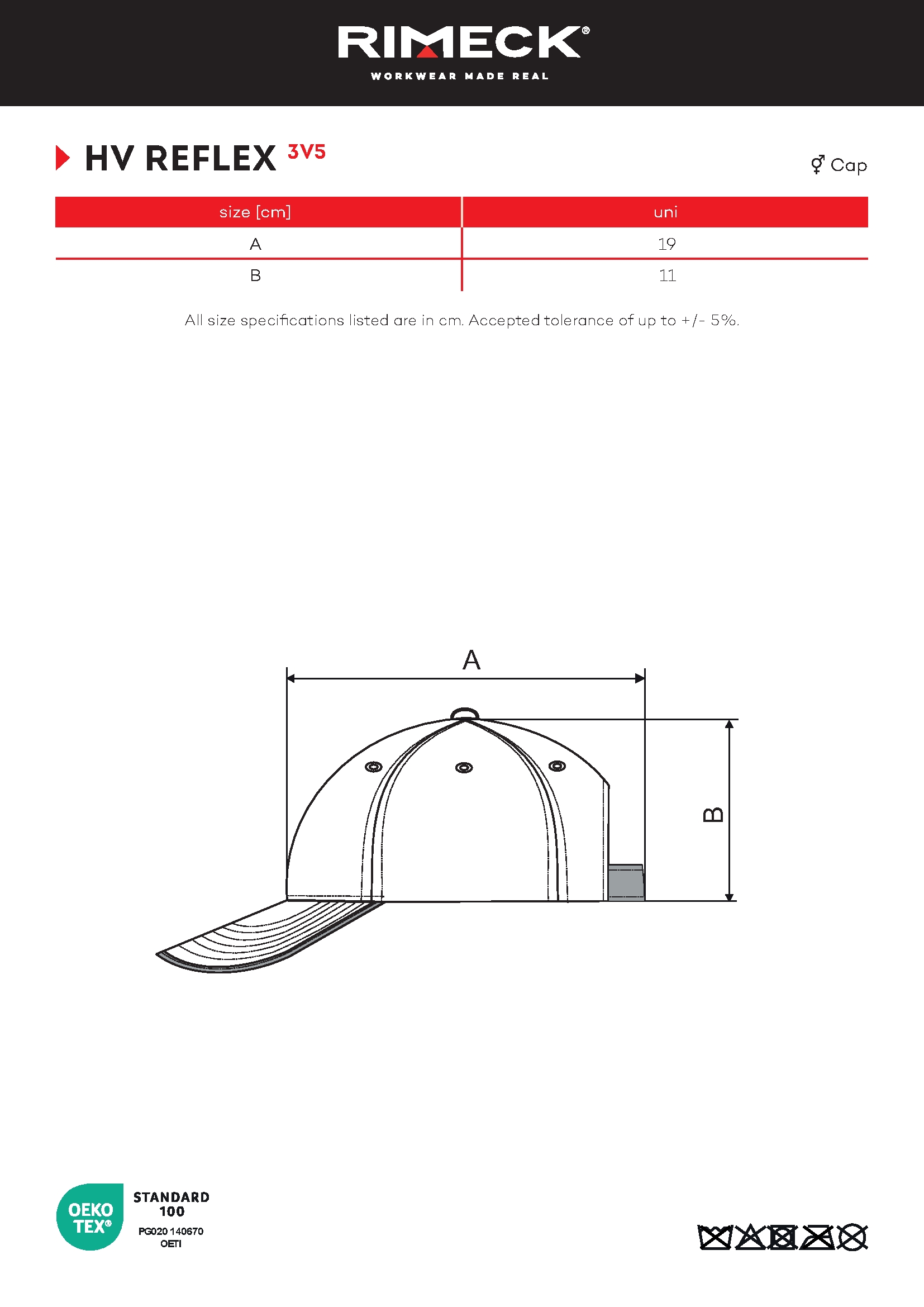 Tabulka velikostí produktu Čepice unisex HV Reflex 3V5 fluorescenční žlutá