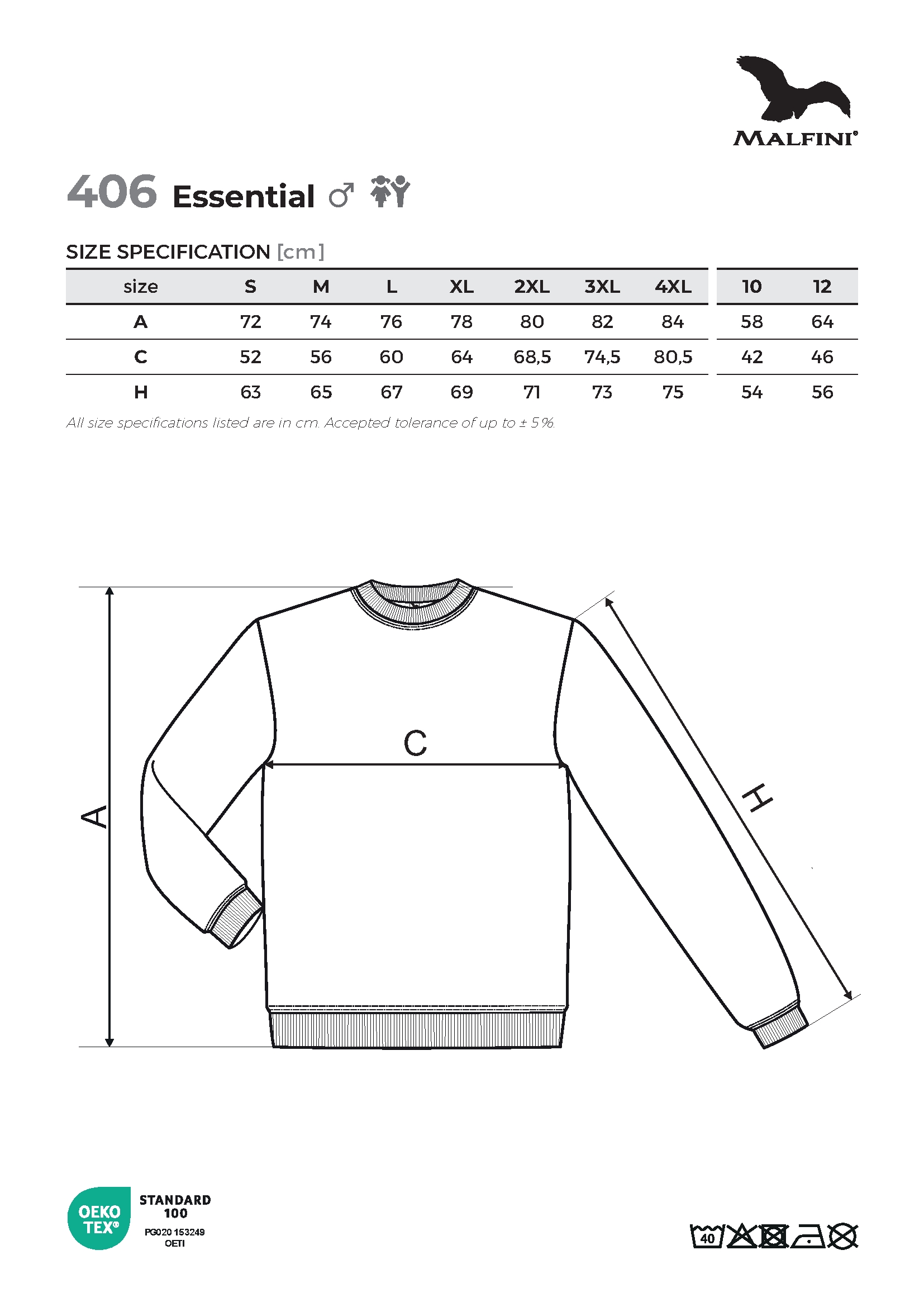 Tabulka velikostí produktu Mikina pánská/dětská Essential 406 bílá