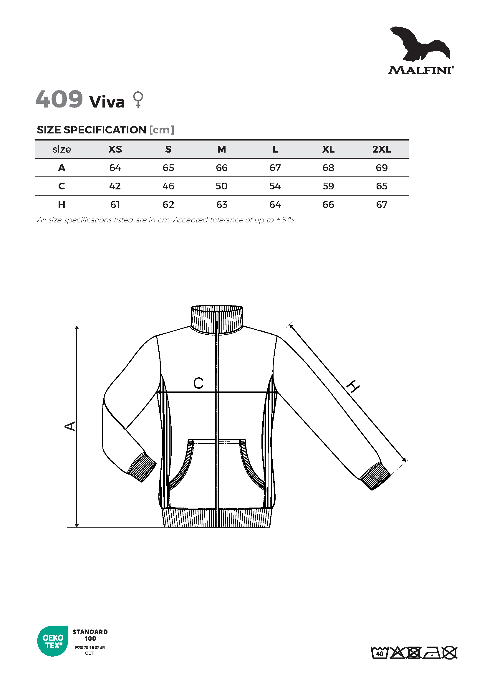 Tabulka velikostí produktu Mikina dámská Viva 409 bílá