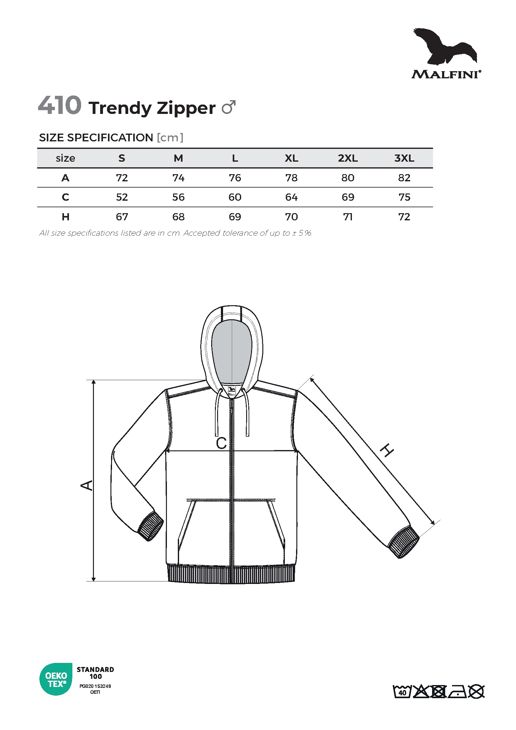 Tabulka velikostí produktu Mikina pánská Trendy Zipper 410 bílá