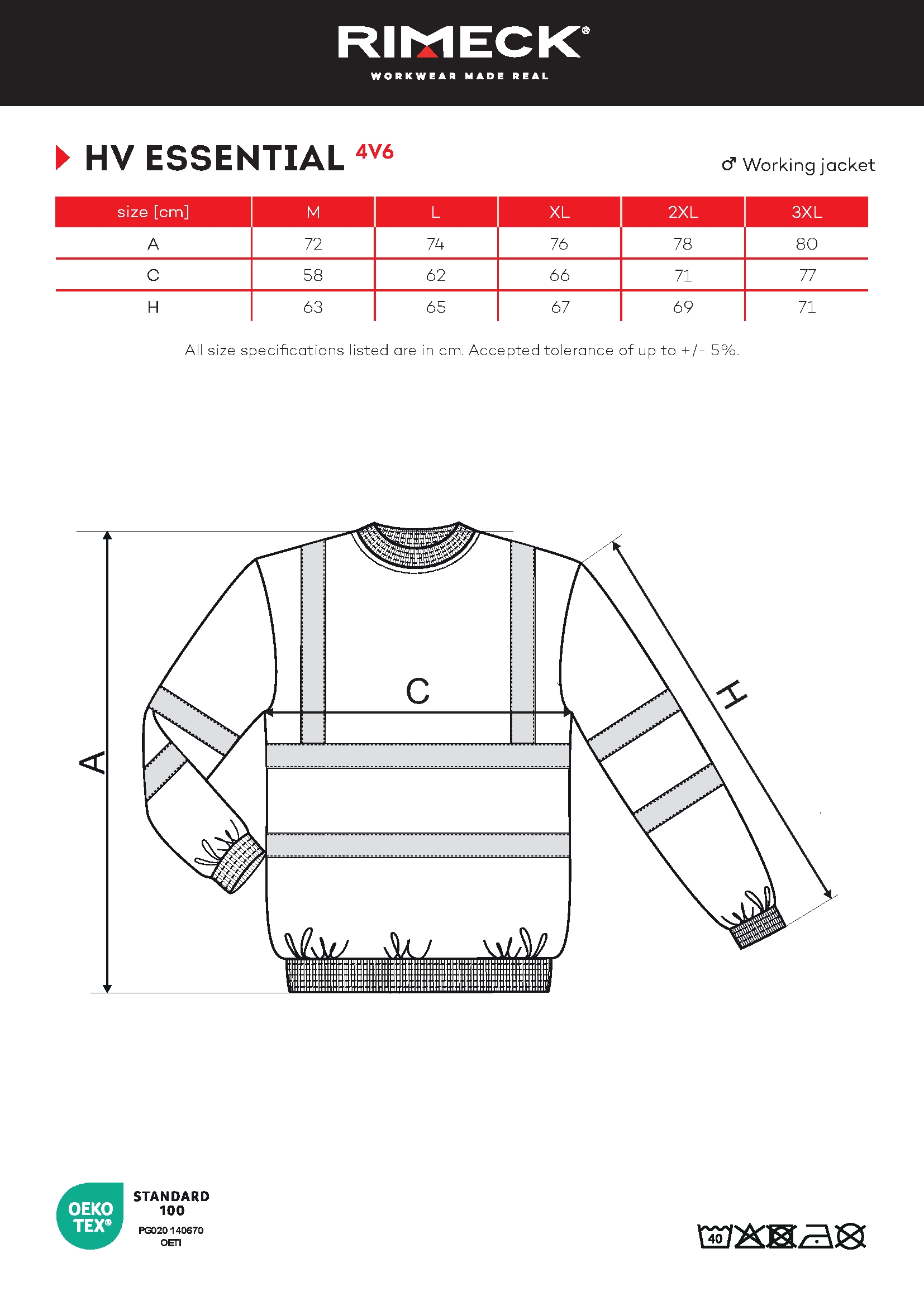 Tabulka velikostí produktu Mikina unisex HV Essential 4V6 fluorescenční žlutá