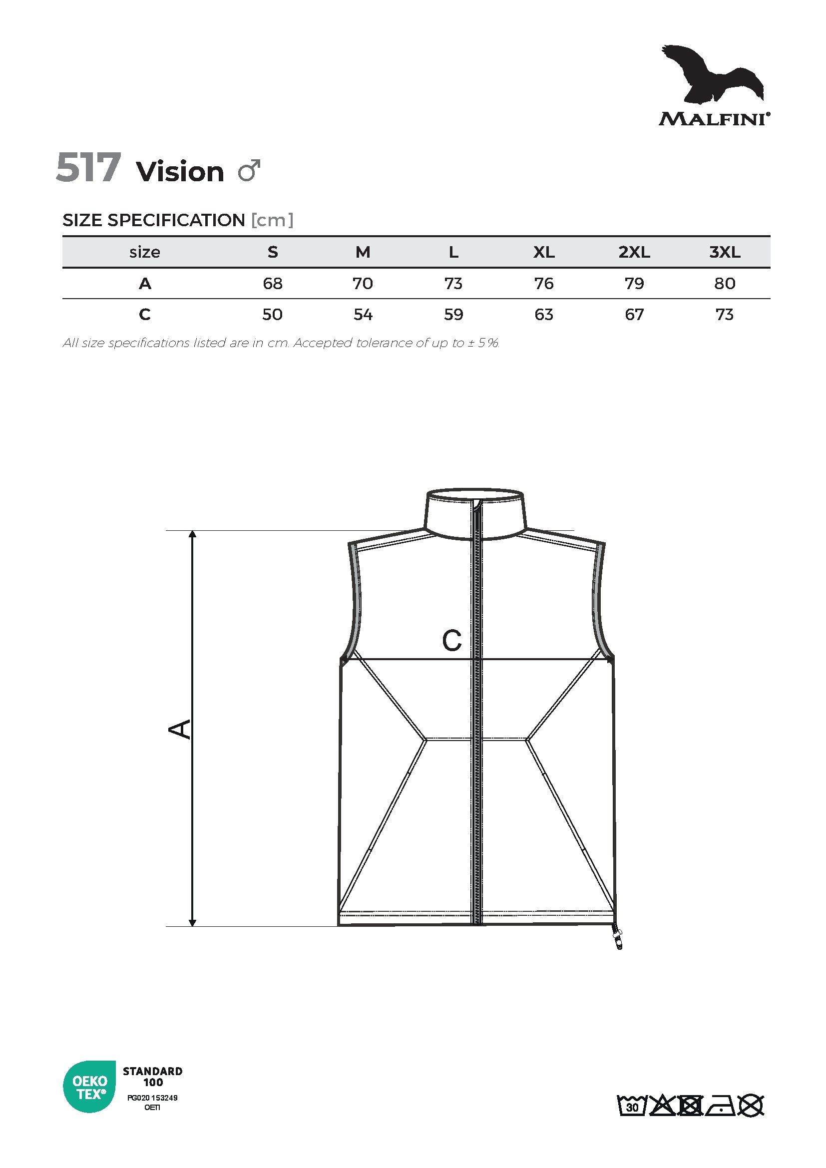 Tabulka velikostí produktu Softshellová vesta pánská Vision 517 bílá