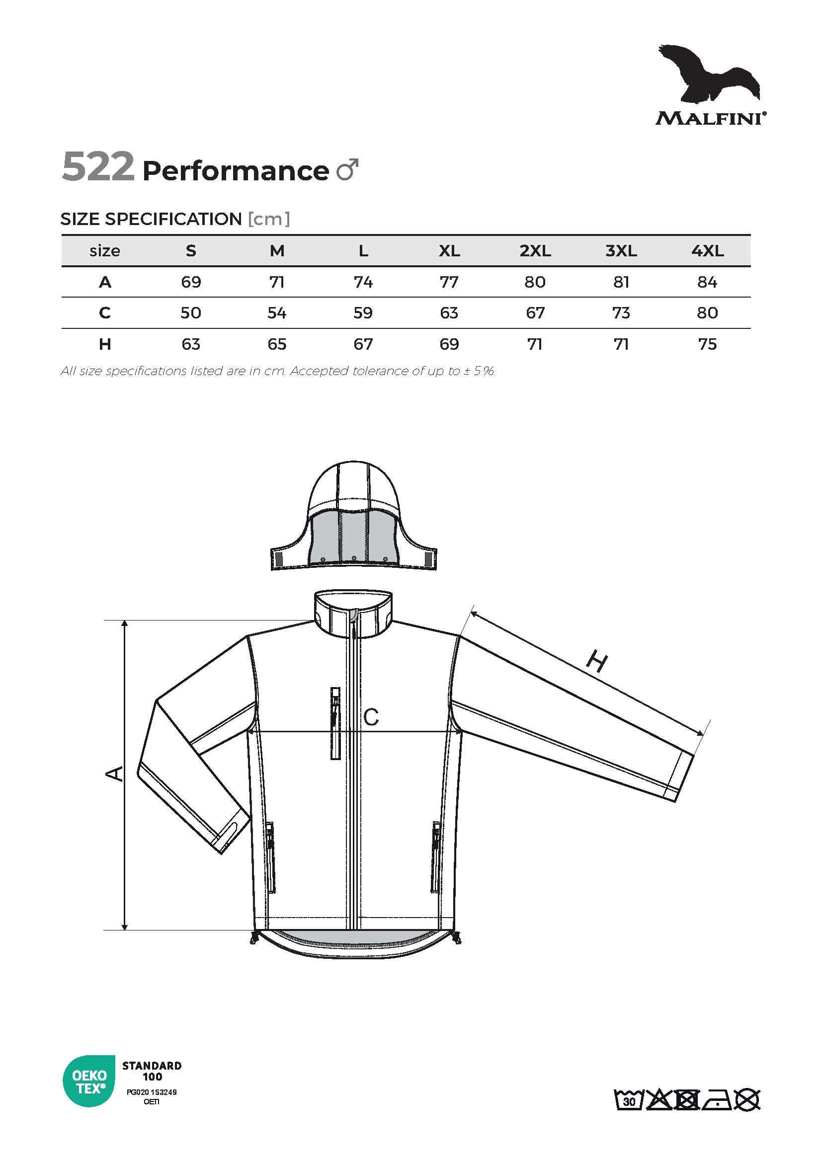 Tabulka velikostí produktu Softshellová bunda pánská Performance 522 černá