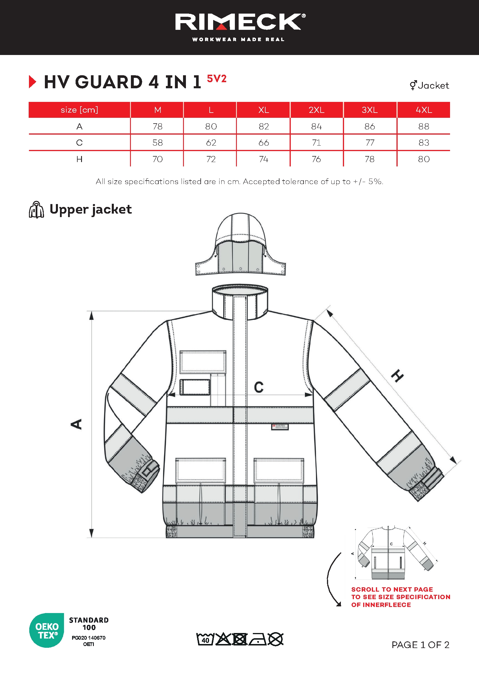 Tabulka velikostí produktu Bunda unisex HV Guard 4 in 1 5V2 fluorescenční žlutá