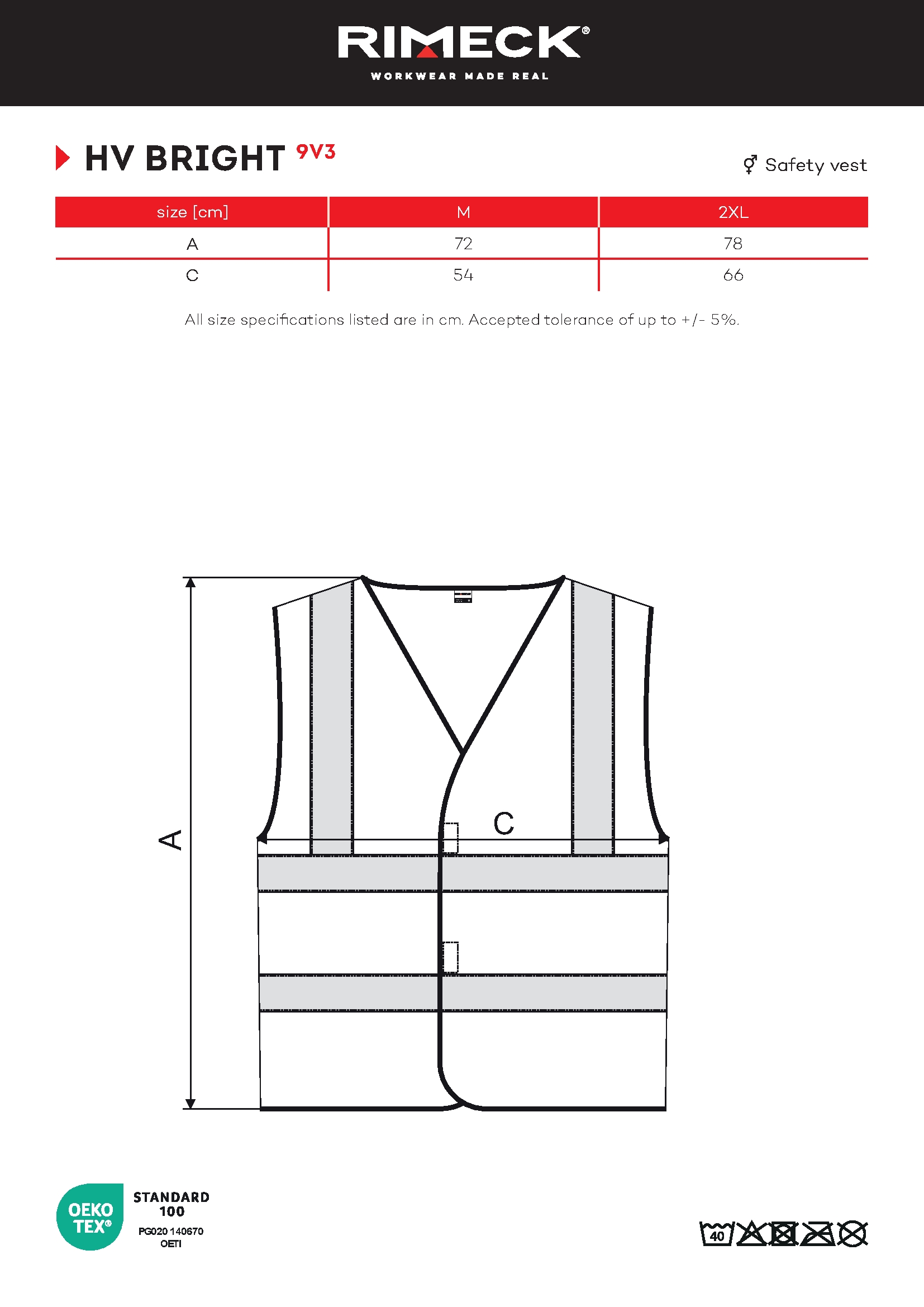 Tabulka velikostí produktu Bezpečnostní vesta unisex HV Bright 9V3 fluorescenční žlutá