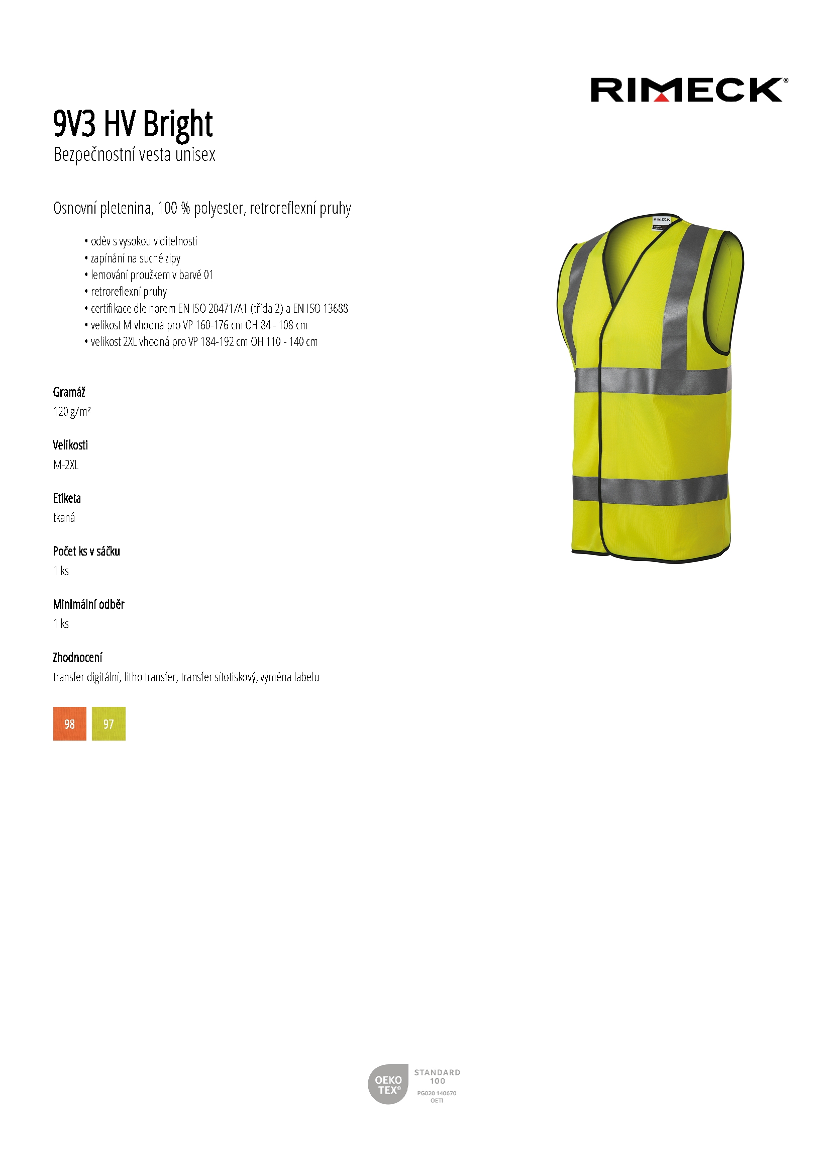 Karta produktu Bezpečnostní vesta unisex HV Bright 9V3 fluorescenční žlutá