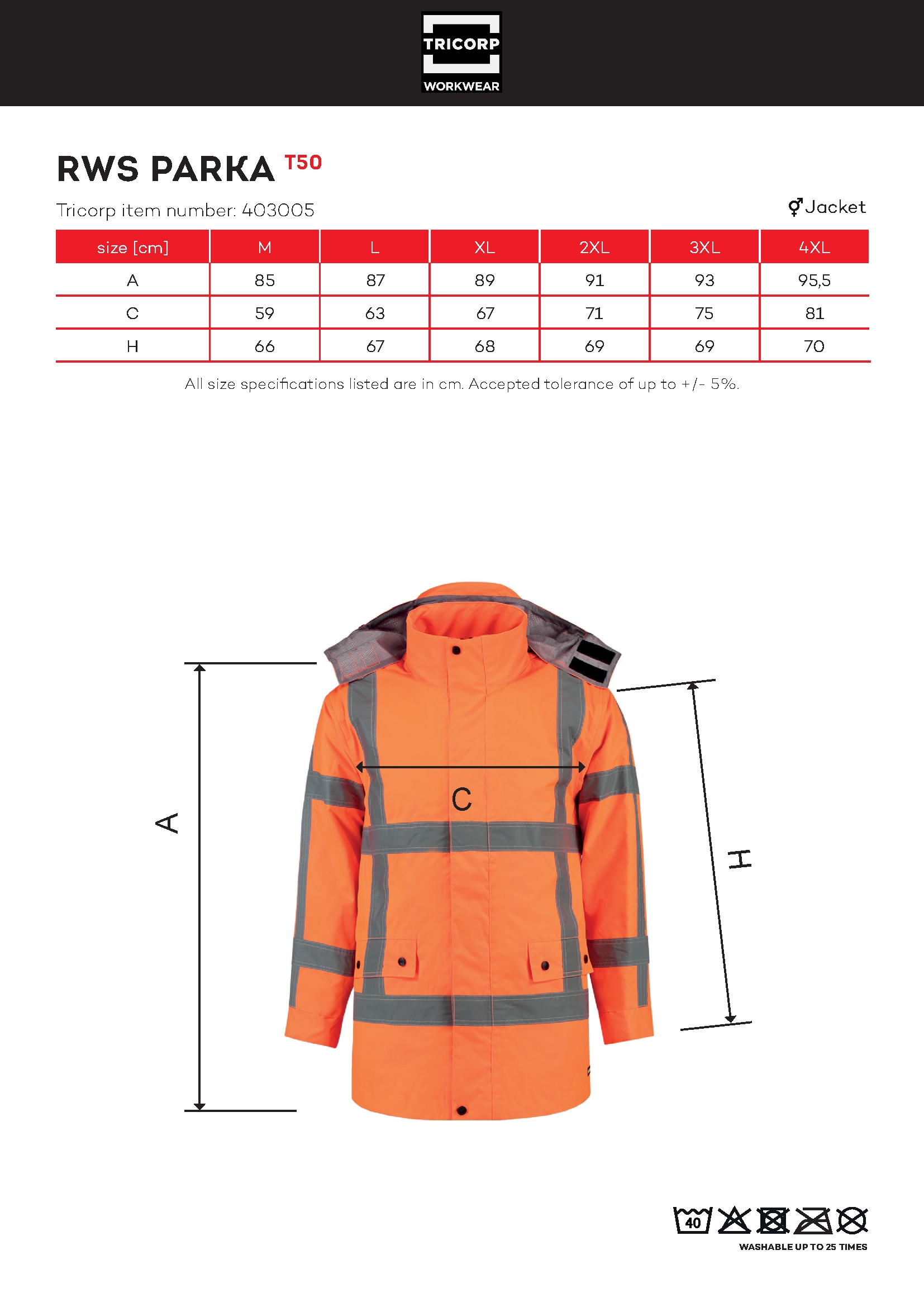 Tabulka velikostí produktu Pracovní bunda unisex RWS Parka T50 fluorescenční oranžová