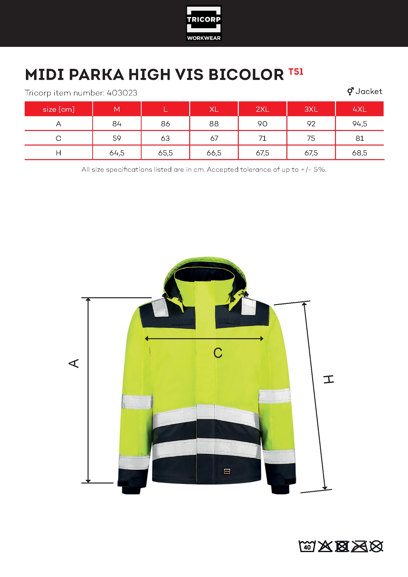Tabulka velikostí produktu Pracovní bunda unisex Midi Parka High Vis Bicolor T51 fluorescenční žlutá