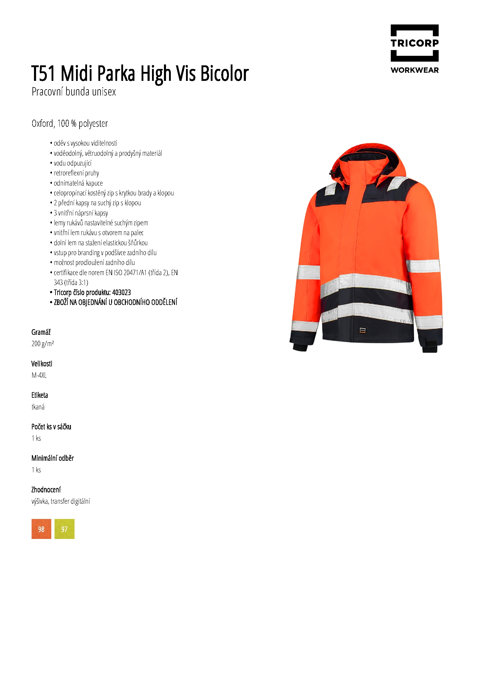 Karta produktu Pracovní bunda unisex Midi Parka High Vis Bicolor T51 fluorescenční žlutá