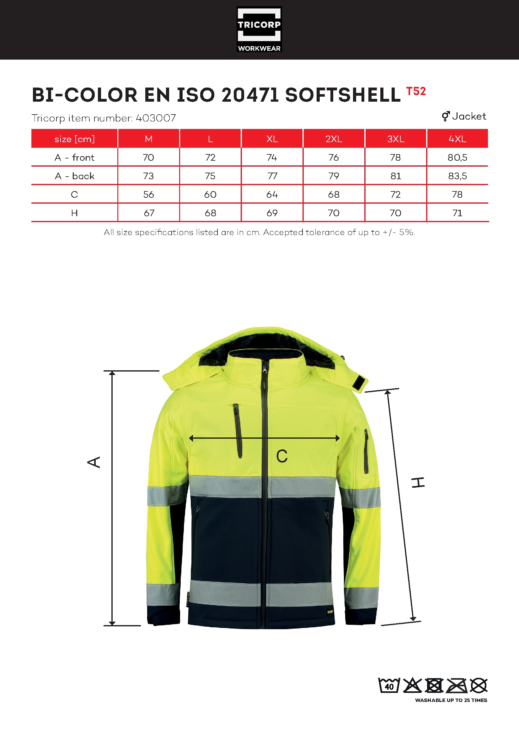 Tabulka velikostí produktu Softshellová bunda unisex Bi-color EN ISO 20471 Softshell T52 fluorescenční žlutá