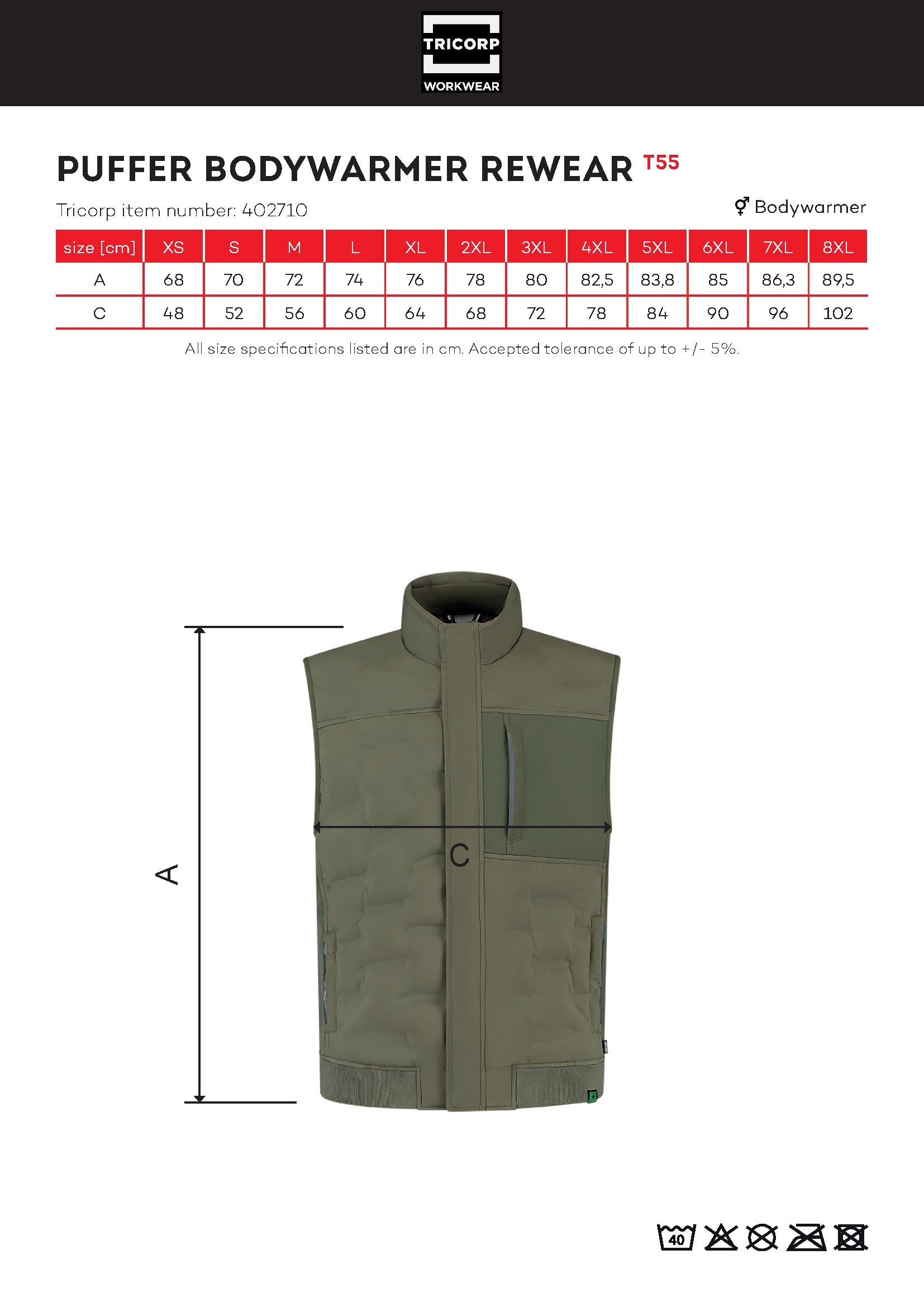 Tabulka velikostí produktu Vesta unisex Puffer Bodywarmer Rewear T55 ink