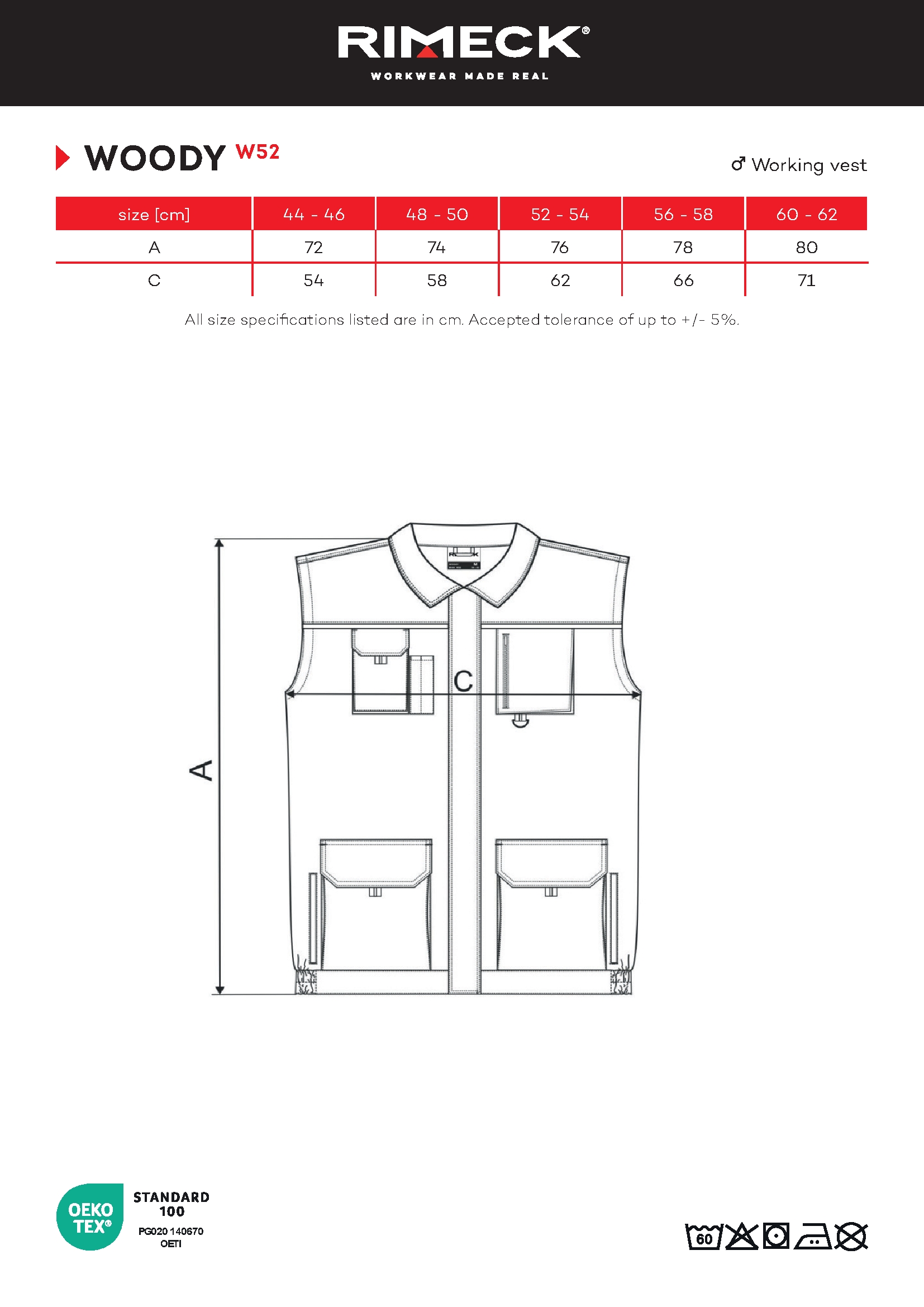 Tabulka velikostí produktu Pracovní vesta pánská Woody W52 námořní modrá