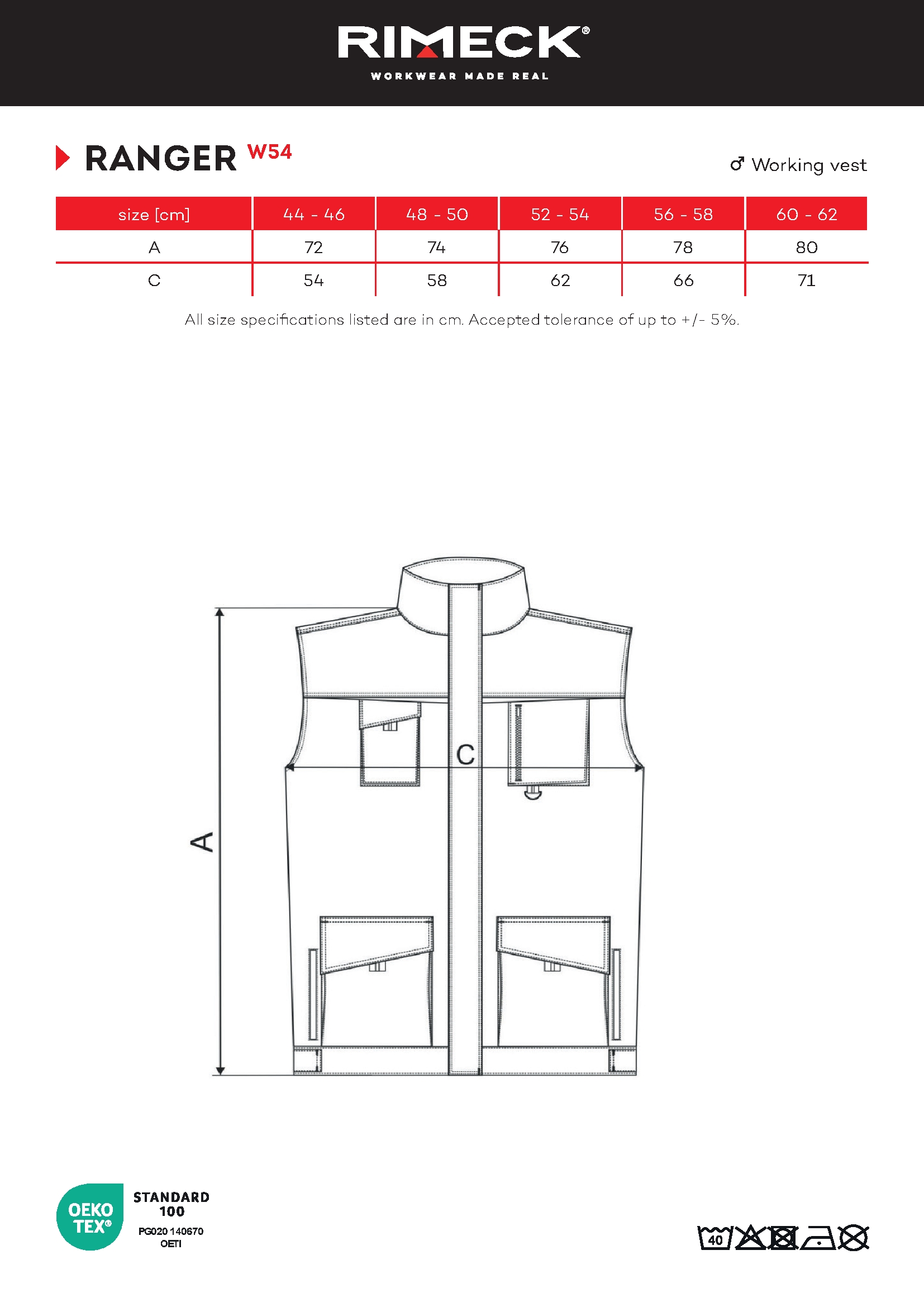 Tabulka velikostí produktu Pracovní vesta pánská Ranger W54 ebony gray